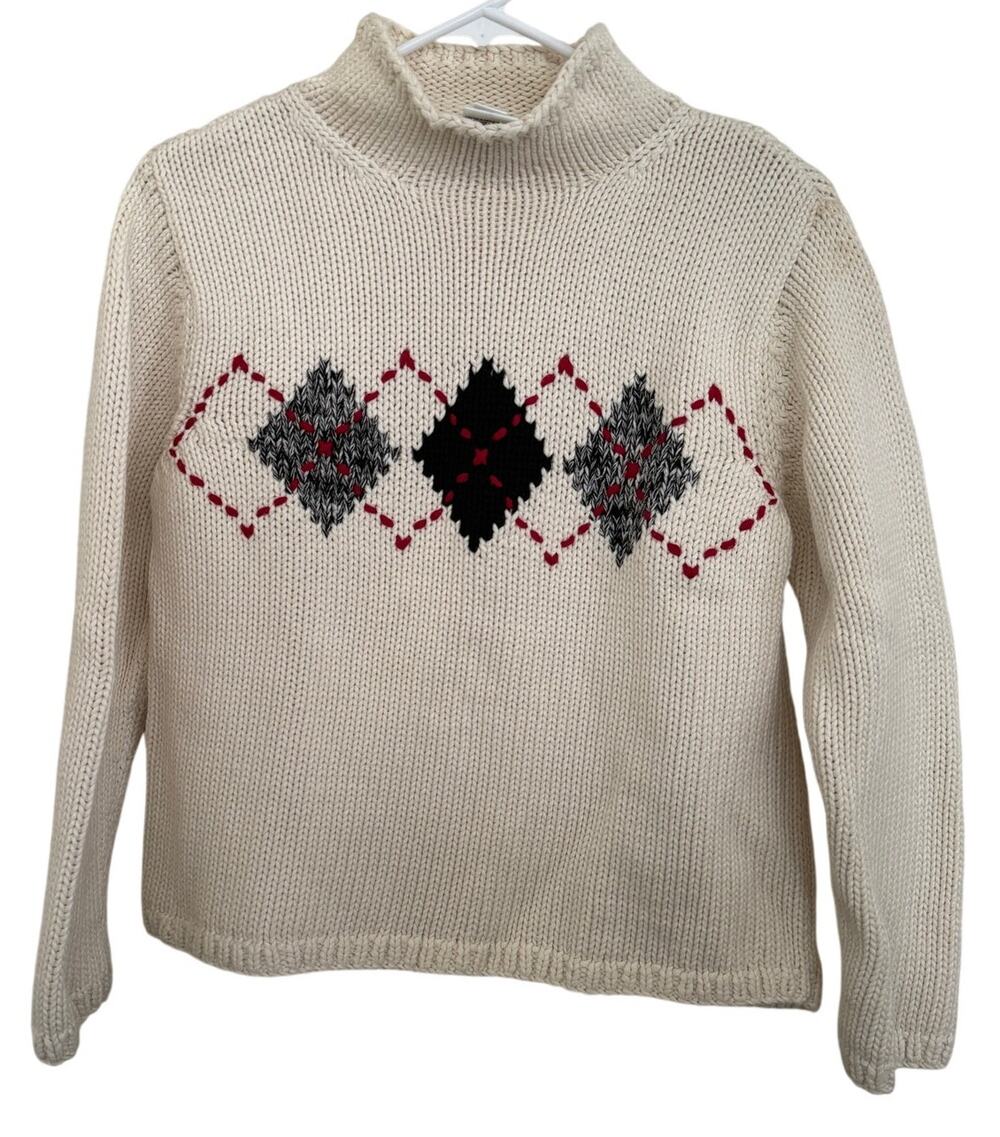 Talbots 90s Cream Knit Diamond Argyle Mock Neck Sweater Medium Petite Vintage